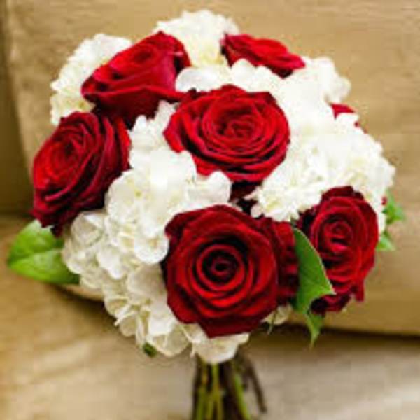 Bouquet of red roses and white hydrangeas