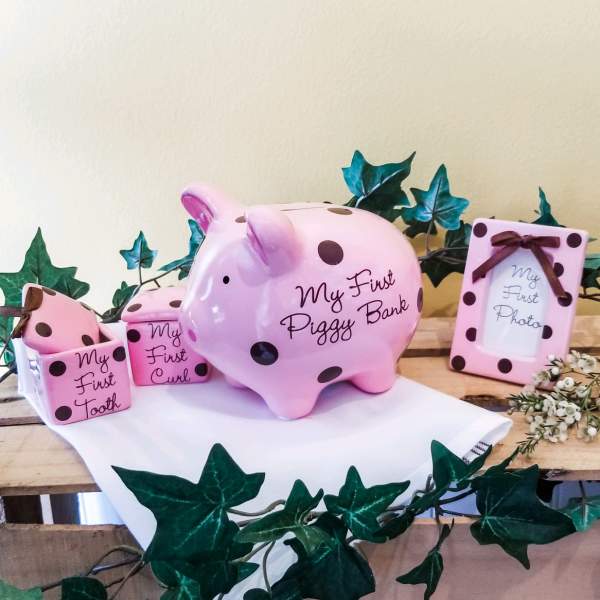 Pink polka-dot baby keepsake set with piggy bank and photo frame