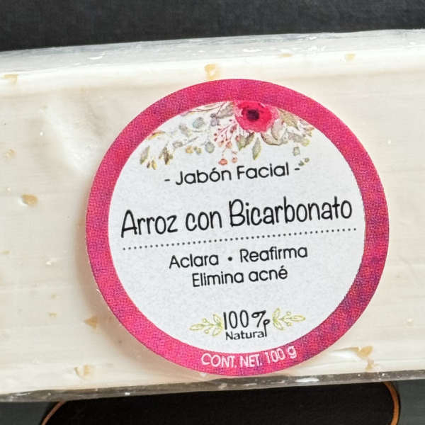 Rectangular bar of facial soap with a pink label