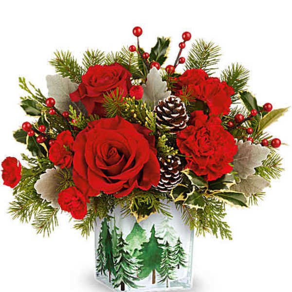 Red roses and pinecones in a holiday vase