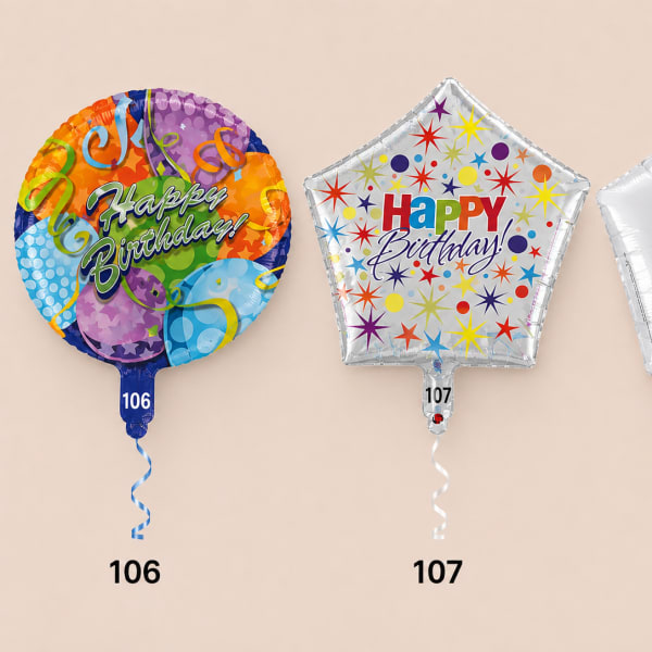 Three birthday foil balloons, including round and star shapes, with curled ribbons.