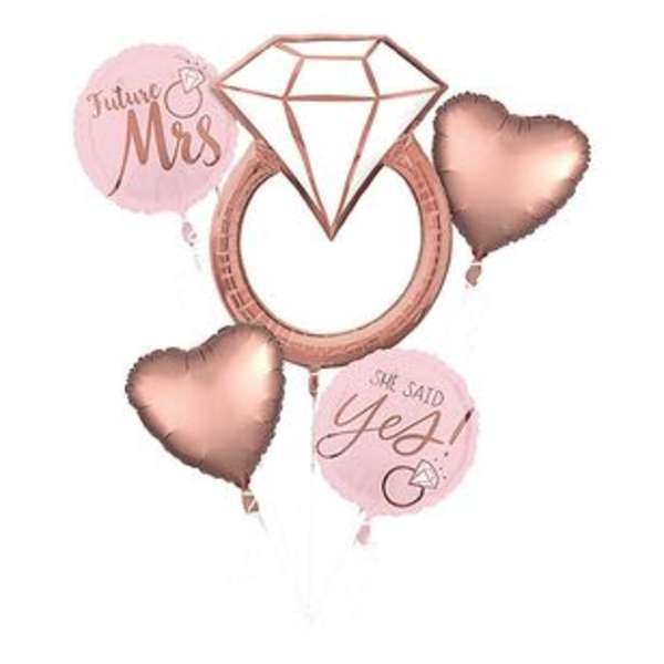 Pink bridal balloons with a diamond ring design and heart balloons