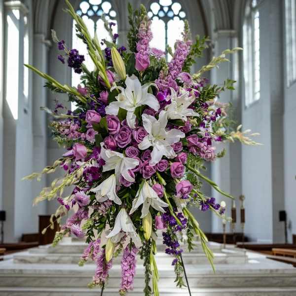 Large purple and white floral standing arrangement on an easel