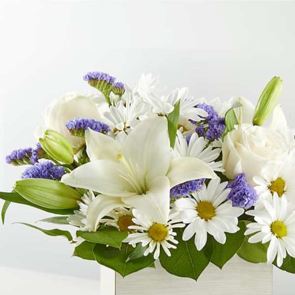 White lilies, roses, and daisies with purple accents in a white container