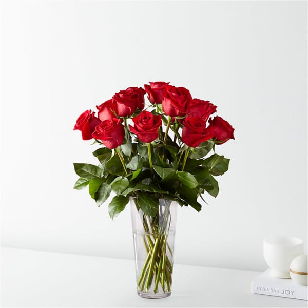 Red roses arranged in a clear glass vase