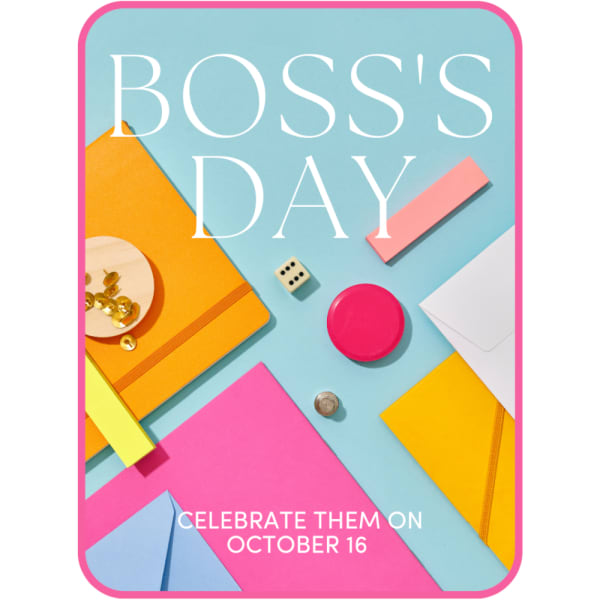Boss's Day greeting card with colorful office items on a blue background