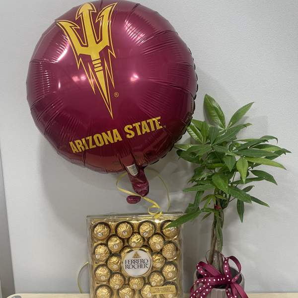 Arizona State balloon with Ferrero Rocher chocolates and a potted plant