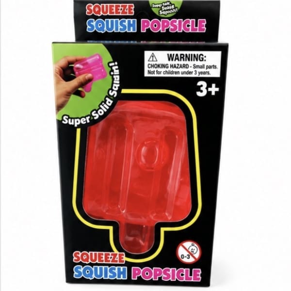 Red popsicle-shaped squishy toy in retail packaging