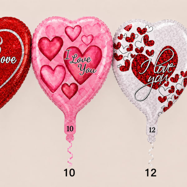Three heart-shaped balloons in red, pink, and white with "I Love You" text