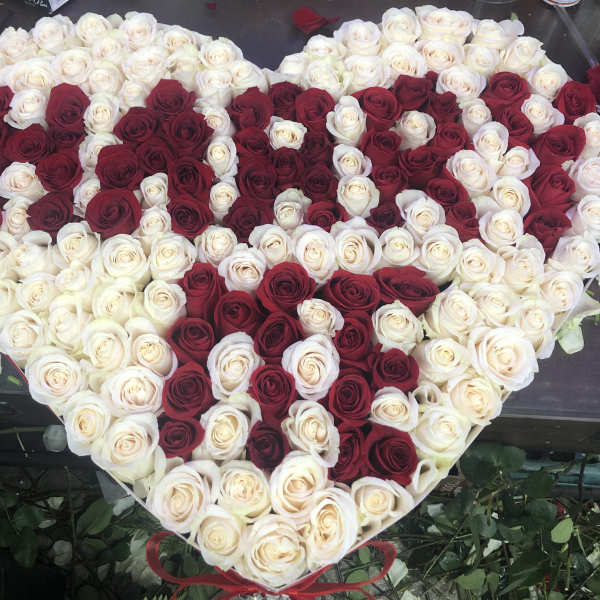 Heart-shaped arrangement of red and white roses