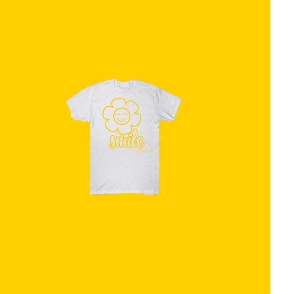 White T-shirt with a yellow flower smiley graphic