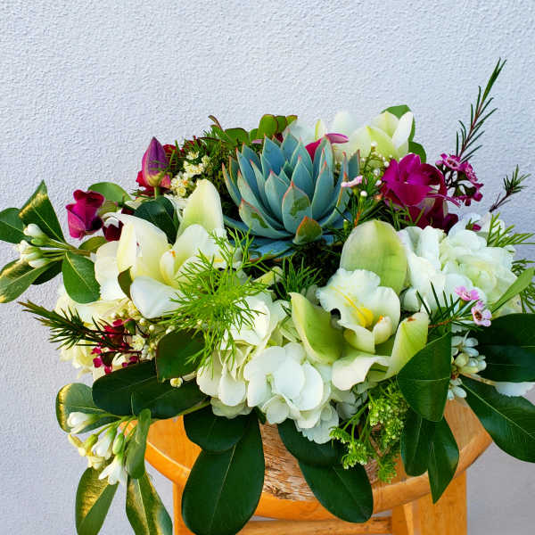 Mixed bouquet with white orchids, lilies, and a blue succulent centerpiece
