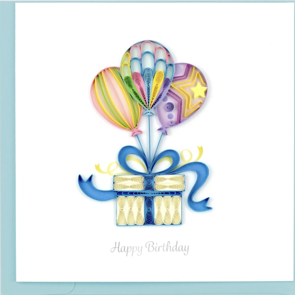 Birthday card with quilled balloons rising from a gift box