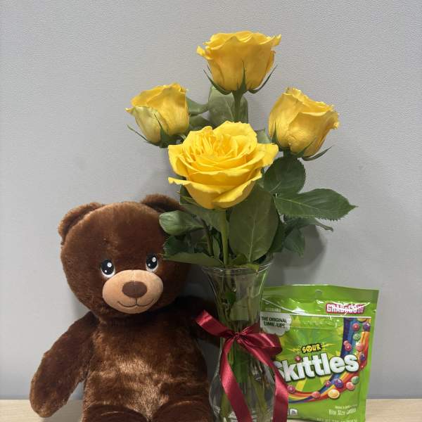 Yellow Roses & Birthday Bear Trio