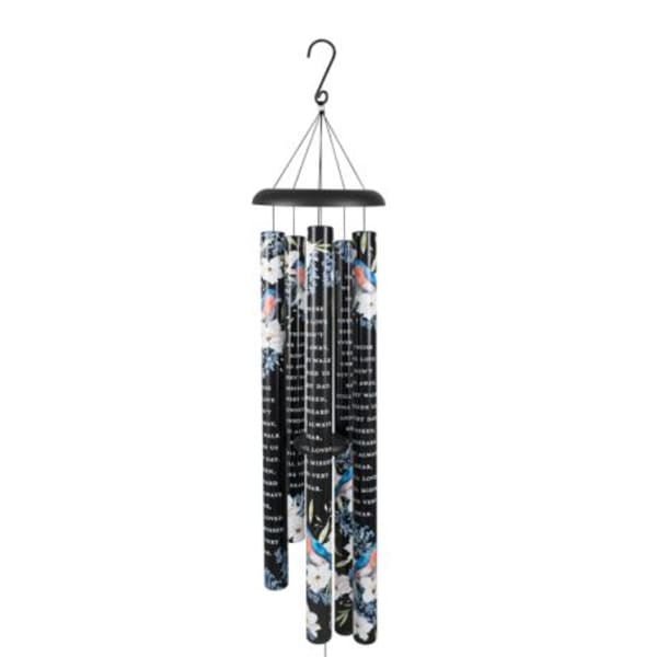 Black hanging wind chime with floral-patterned tubes