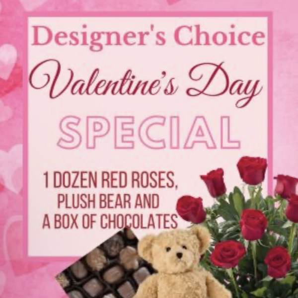 Valentine's Day special with red roses, a teddy bear, and chocolates