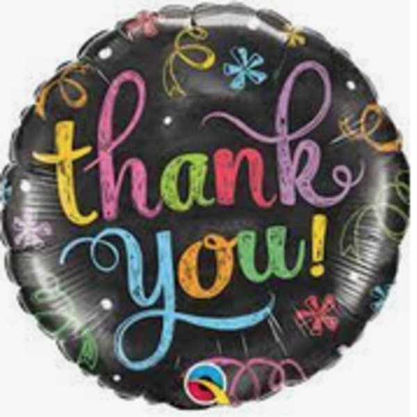 Round black balloon with colorful "thank you!" text
