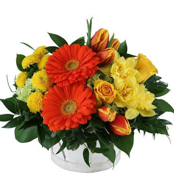 Orange gerberas and yellow roses in a white vase