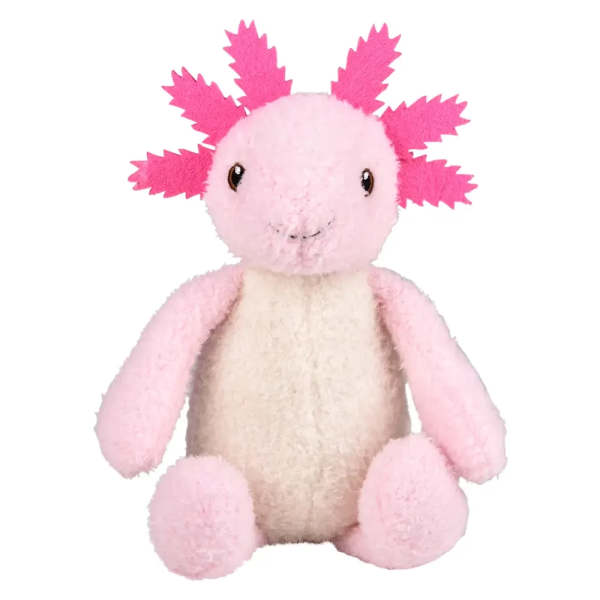 Pink plush axolotl toy with bright frilled gills