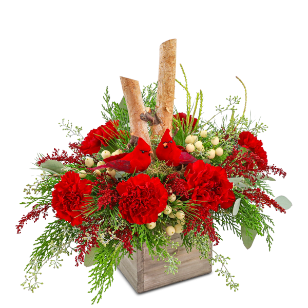 Red carnations with berries and greenery in a wooden box, topped with two cardinal figurines