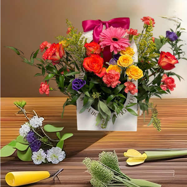 Mixed bouquet in a white gift bag with a pink ribbon