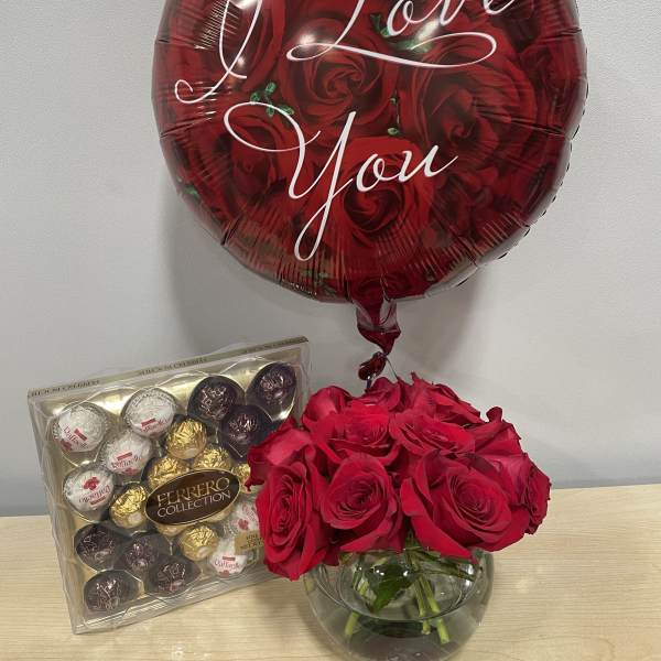 Red rose bouquet with a love balloon and Ferrero Rocher chocolates