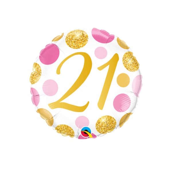 Round balloon with the number 21 in gold and pink polka dots
