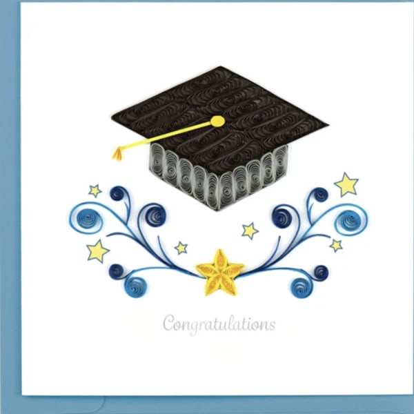 Graduation card with a mortarboard and decorative swirls