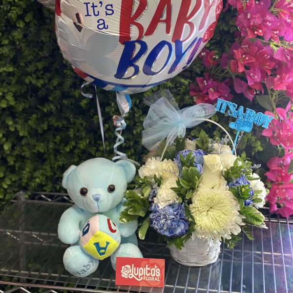 Baby boy balloon with a teddy bear and a small flower basket