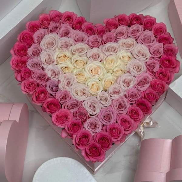 Heart-shaped box filled with pink and white roses