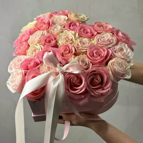 Round bouquet of pink and blush roses in a pink box with a white ribbon