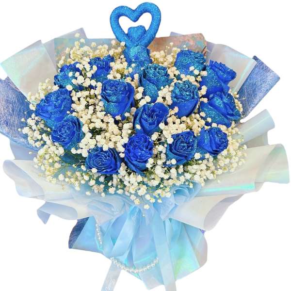 Blue roses with white baby's breath in pale blue wrap