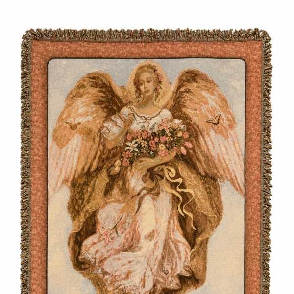 Angel tapestry holding a bouquet of flowers