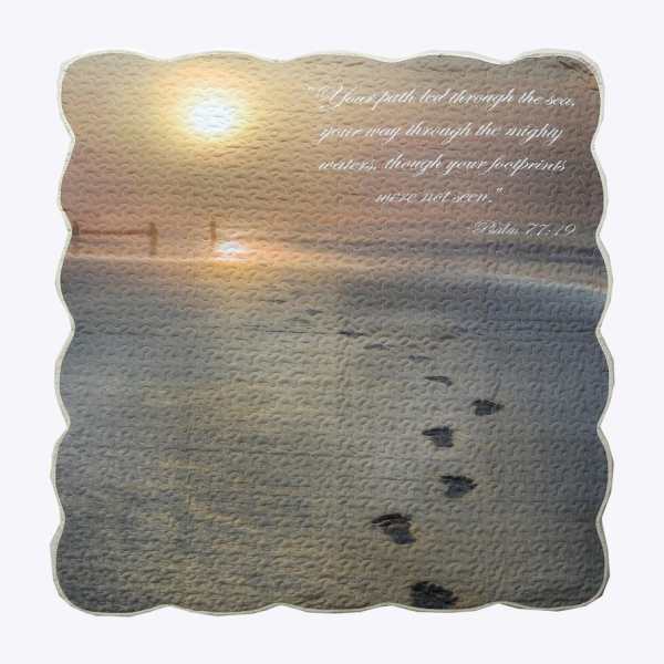 Scalloped puzzle mat with a sunset beach scene and Bible verse text