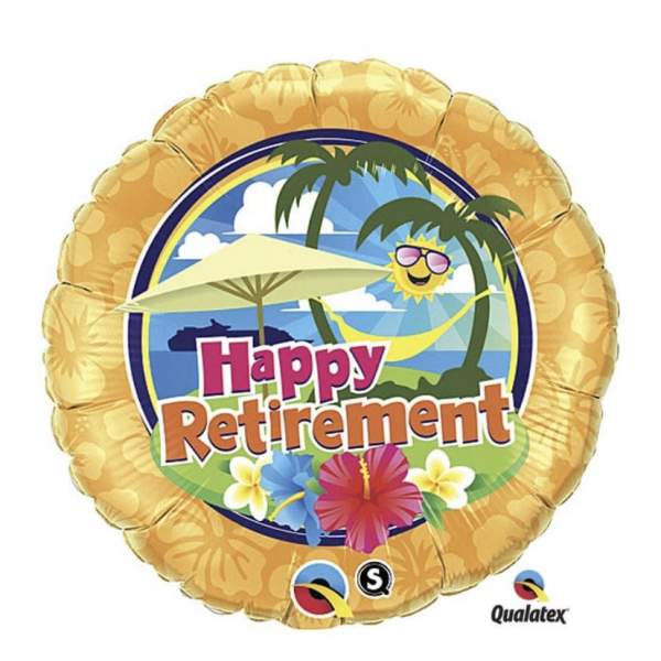 Round balloon with "Happy Retirement" text and tropical beach graphics
