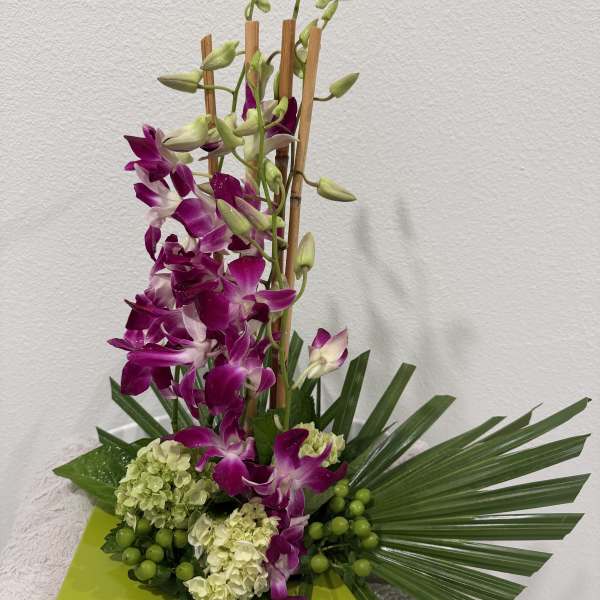 Purple orchids arranged with pale hydrangeas on a green tray