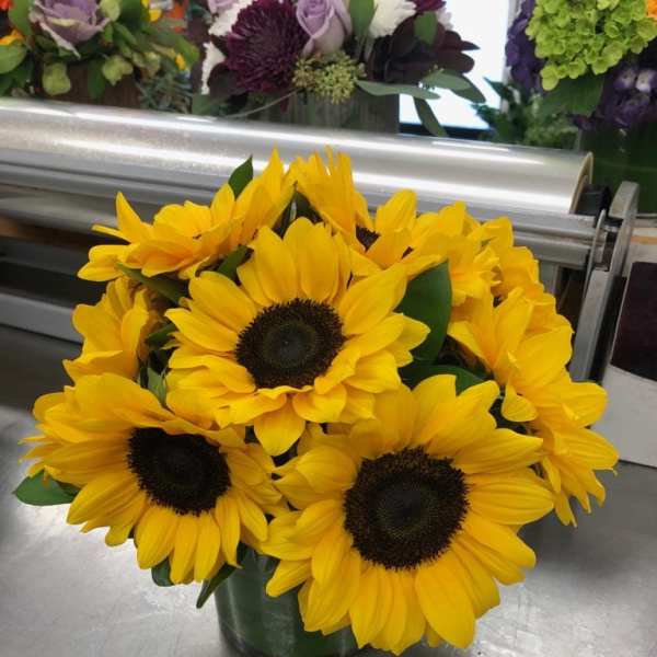 Bouquet of bright yellow sunflowers in a dark vase