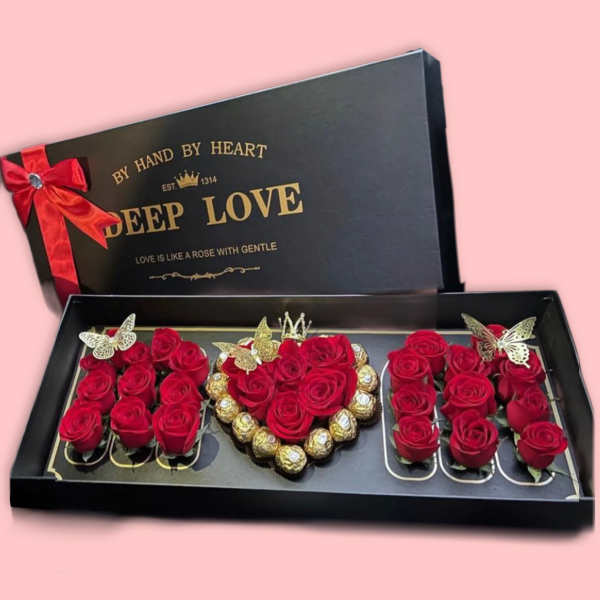Gift box with red roses, Ferrero Rocher chocolates, and a red ribbon