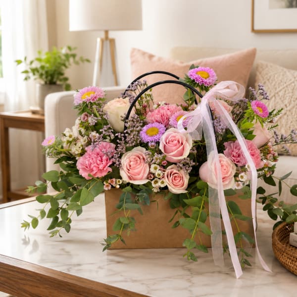 Pink and lavender flower arrangement in a brown gift bag with ribbon