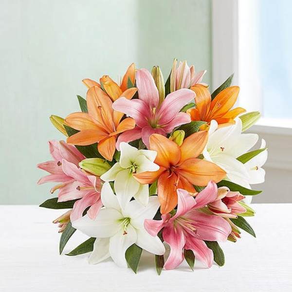 Bouquet of pink, orange, and white lilies