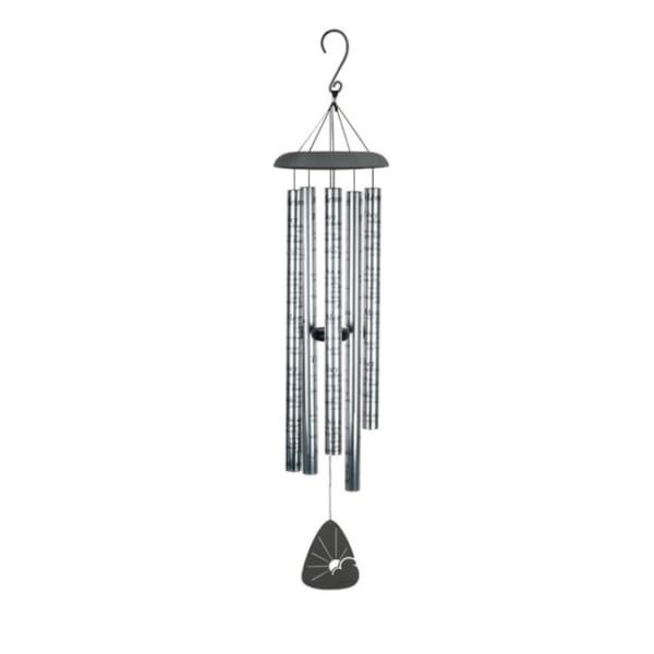 Metal wind chime with silver tubes and black top, hanging hook, and heart sun design sail