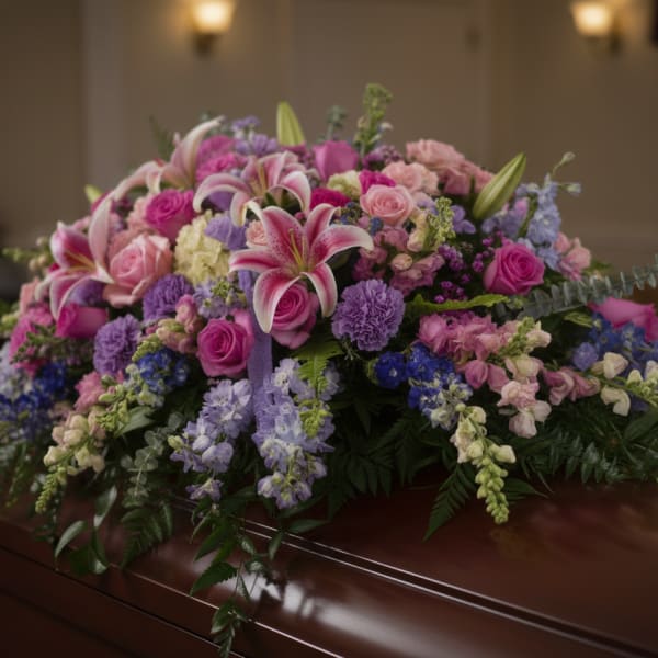 Large casket spray with pink, purple, and white flowers