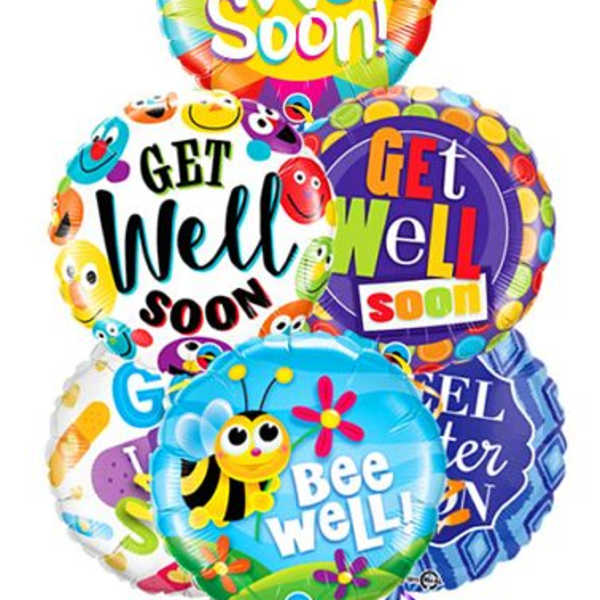 Cluster of colorful get well soon balloons with ribbons
