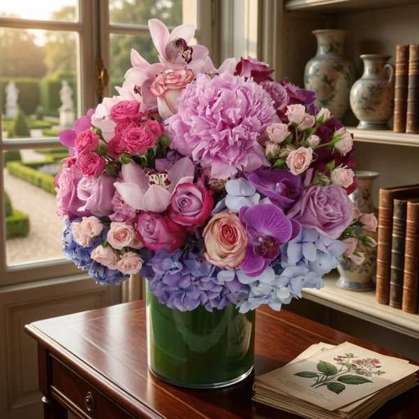 Pink and lavender floral arrangement in a green glass vase
