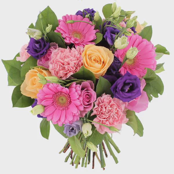 Bouquet of pink, purple, and peach flowers with green leaves