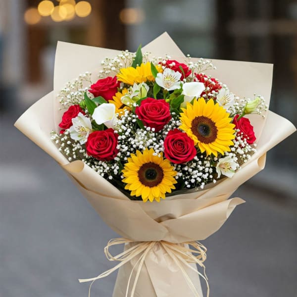 Bouquet of red roses, sunflowers, and white flowers wrapped in beige paper