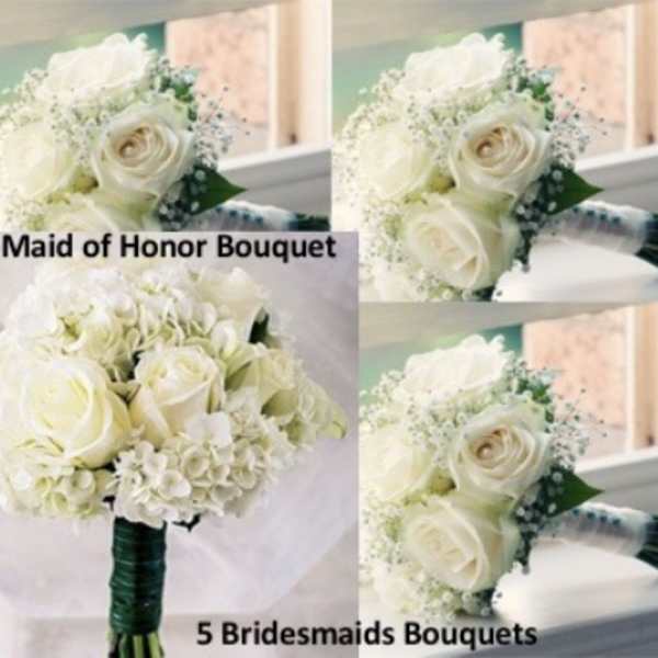 White rose bridal bouquets with baby's breath and hydrangea