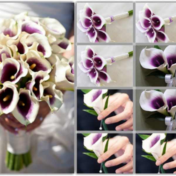 Bride holding a bouquet of white and purple calla lilies