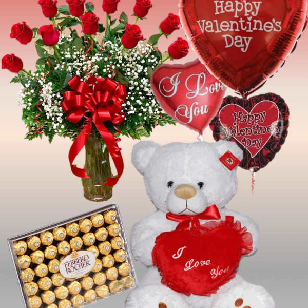 Red roses with balloons, a teddy bear, and chocolates for Valentine’s Day