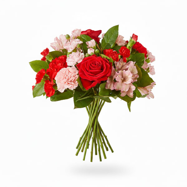 Bouquet of red roses, pink alstroemeria, and red carnations